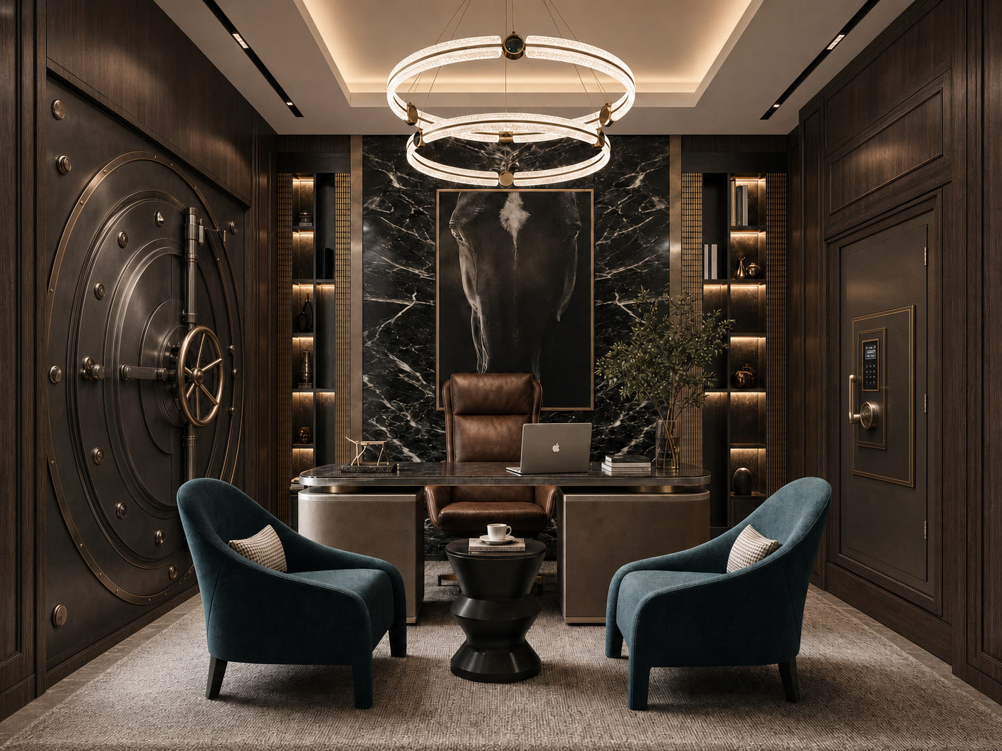 A luxury Dubai home office with a fortified bank-vault door — The Sovereign Suite